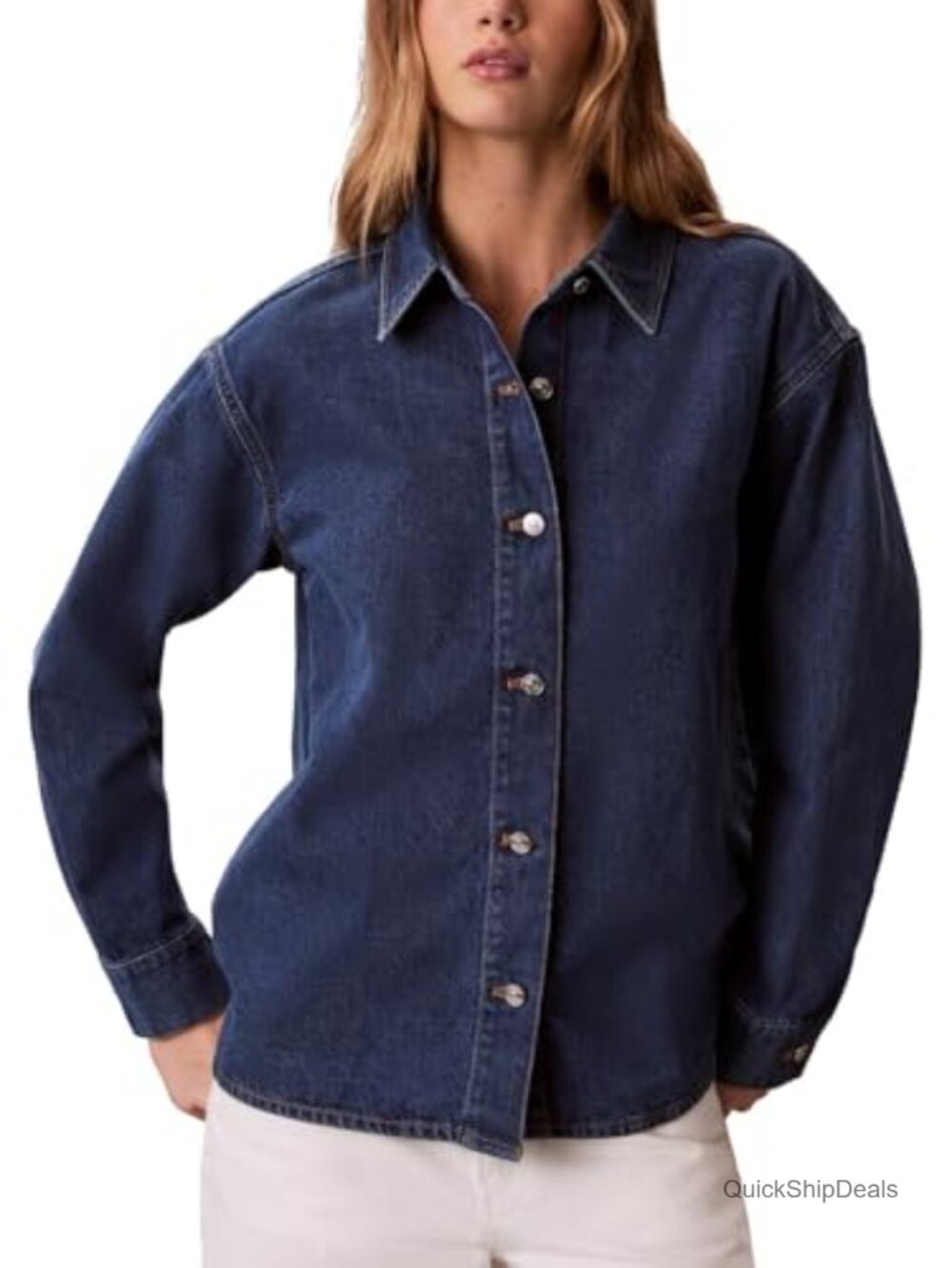 Rigid Cotton Denim Shirt Jacket Relaxed Fit Button Front